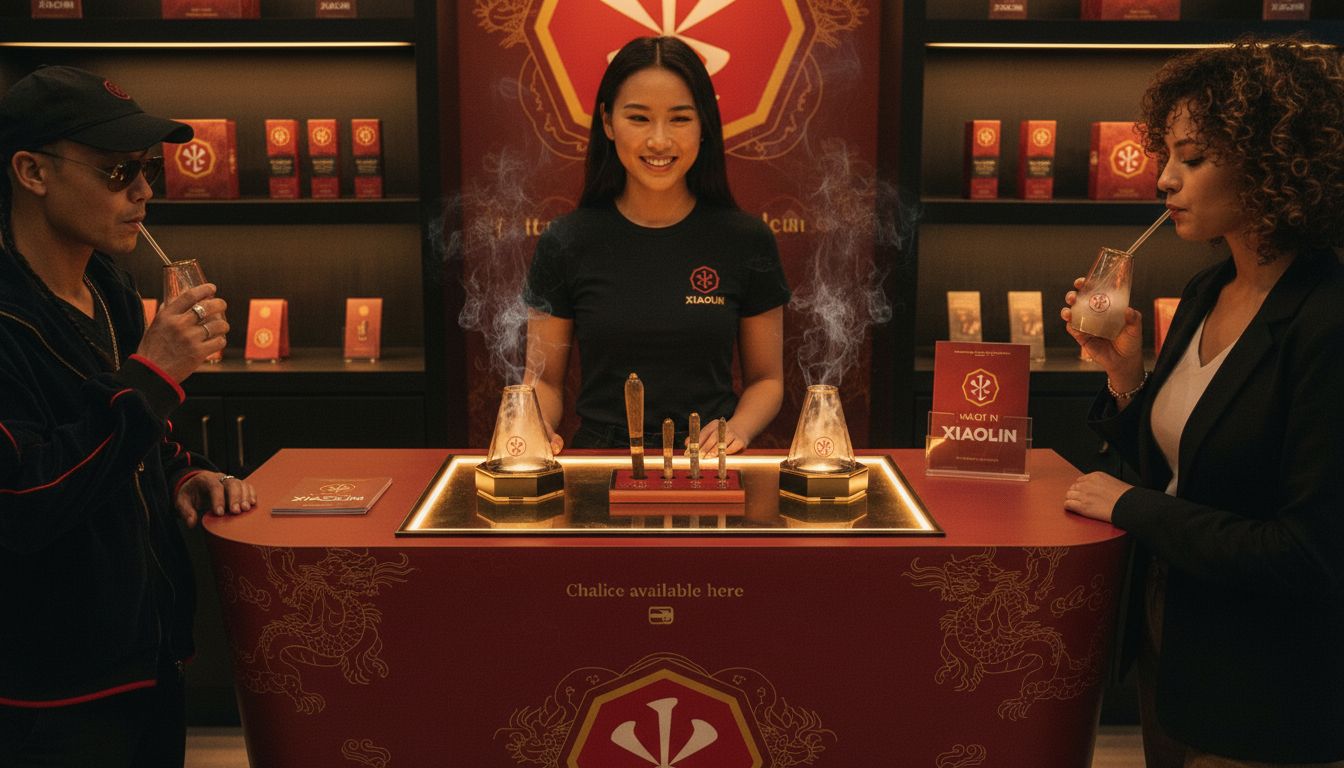 Made in Xiaolin three-unit Cloud Bar pop-up in a dispensary — three Chalices, QR purchase on the skirt